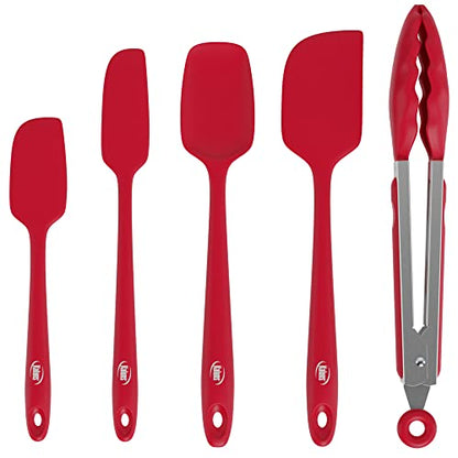 Kaluns Silicone Spatula Set, 4 Rubber Spatulas 600°F Heat Resistant, Nonstick Seamless Design with Stainless Steel Core, Dishwasher Safe, BPA free, Bonus Tongs Included - color: 4 Pcs + Tongs Red