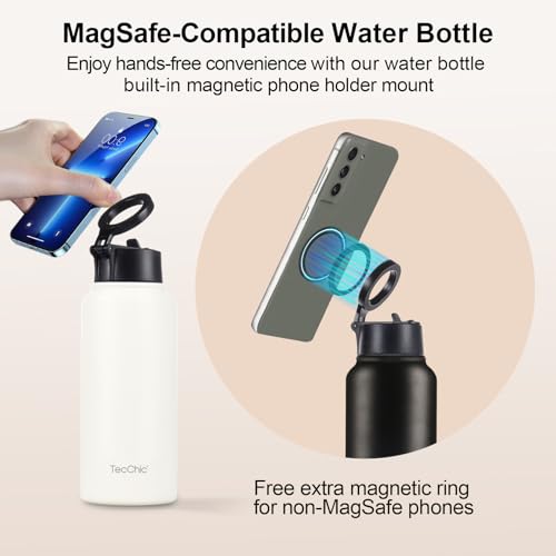 Insulated Water Bottle with Magnetic Phone Holder Compatible with MagSafe and iPhone,Double-Sided Magnet,Hot 12H Cold 24H,Stainless Steel Water Bottle Phone Mount for Sports Travel,32oz (Black) - color: Black