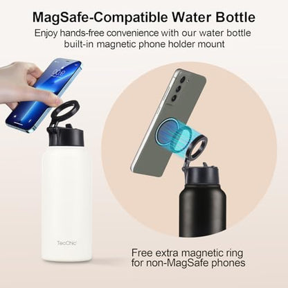 Insulated Water Bottle with Magnetic Phone Holder Compatible with MagSafe and iPhone,Double-Sided Magnet,Hot 12H Cold 24H,Stainless Steel Water Bottle Phone Mount for Sports Travel,32oz (Navy Blue) - color: Navy Blue