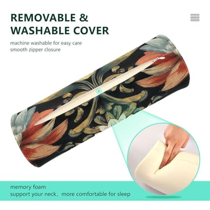 Boho Water Lily Flower Black Neck Roll Pillow Bolster Round Health Memory Foam Long Cervical Cylinder Pillows with Removable Washable Cover for Body Bed Legs Back Yoga - color: Boho Water Lily Flower Black