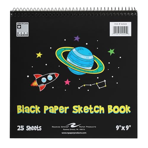 Roaring Spring Black Paper Sketch Book 9" x 9" – 25 Sheets, 70 lb. Heavyweight Pages, Top Spiral Bound, Perforated Acid-Free Drawing Pad for Gel Pens, Metallic Markers, Colored Pencils & Art Projects