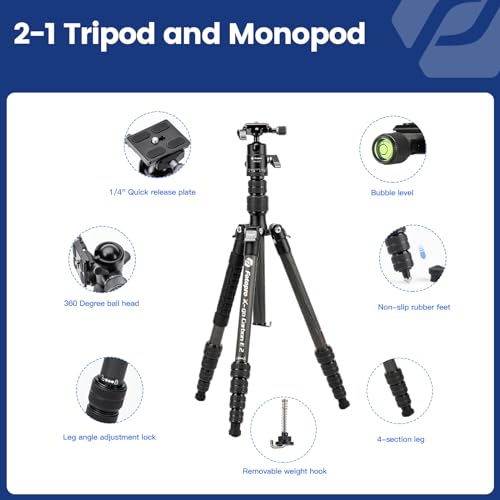 Fotopro 60" Carbon Fiber Travel Tripod for Camera, 2.0lb Ultra-Light, Flexible Center Axis, 360° Pan/Tilt Ball, Arca QR Plate, Max Load 13.6lb - color: Black, size: 62" Basic (Carbon Fiber)