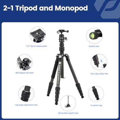 Fotopro 60" Carbon Fiber Travel Tripod for Camera, 2.0lb Ultra-Light, Flexible Center Axis, 360° Pan/Tilt Ball, Arca QR Plate, Max Load 13.6lb - color: Black, size: 62" Basic (Carbon Fiber)