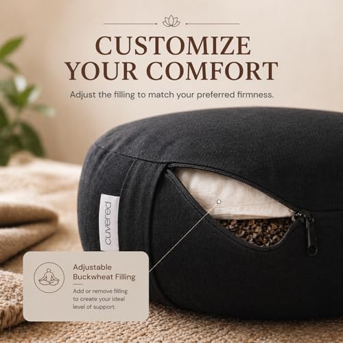 Meditation Cushion - 15" Buckwheat Pillow with Removable Cotton Cover and Carry Handle - Round Floor Cushion for Yoga, Meditation, Pilates, and Floor Sitting - Meditation Pillow by Cuvered
