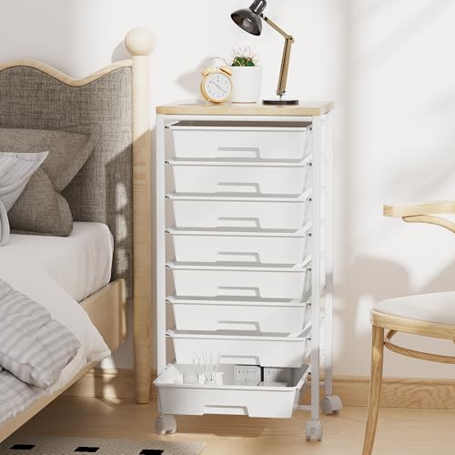Rolling Cart with 8 Drawers, Storage Drawers Cart with Wooden Tabletop and Lockable Wheels, Craft Storage for Living Room, Office, Classroom, Craft Room, Bedroom - color: White