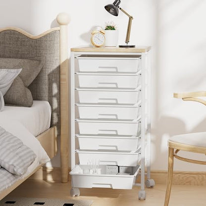 Rolling Cart with 8 Drawers, Storage Drawers Cart with Wooden Tabletop and Lockable Wheels, Craft Storage for Living Room, Office, Classroom, Craft Room, Bedroom - color: White