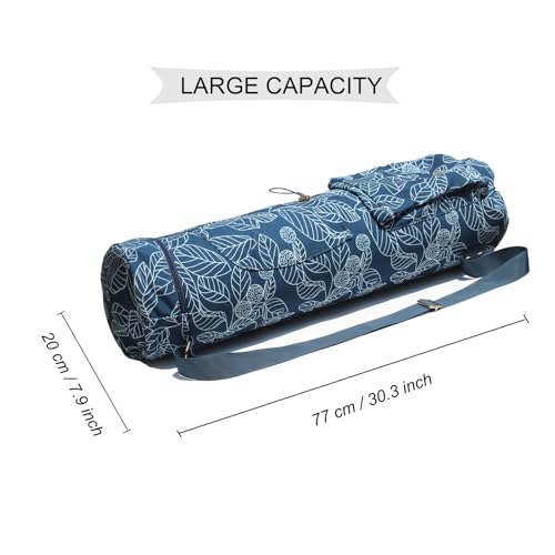 ESVAN Yoga Mat Bag with Multi Pockets Drawstring Yoga Mat Carrier Pilates Exercise Multi-Functional Storage Bag - color: Canvas Navy Leaf