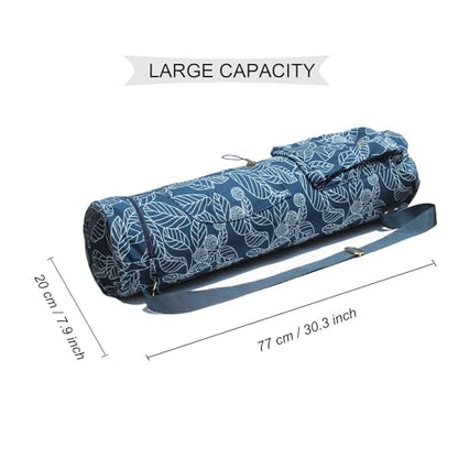 ESVAN Yoga Mat Bag with Multi Pockets Drawstring Yoga Mat Carrier Pilates Exercise Multi-Functional Storage Bag - color: Canvas Navy Leaf