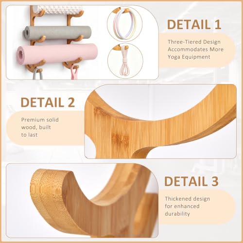 Junkin Yoga Mat Holder Wooden Wall Mount, Yoga Mat Gym Equipment Storage with 4 Hook Storage Holder for Hanging Foam Rollers and Resistance Bands for Home Gym or Fitness Class(Brown,3 Tier)