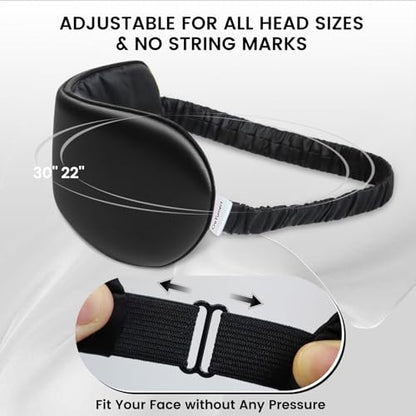 100% Pure Mulberry Silk Eye Mask - 22 Momme Adjustable Strap, Light Blocking, Silk Storage Bag & Gift Box - for Sleep/Travel/Gift, Sensitive Skin Friendly (Black)