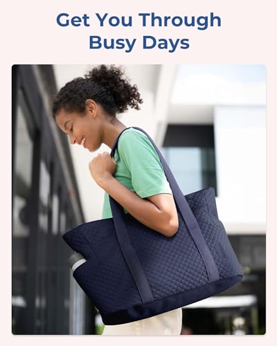 BAGSMART Crush Tote Bag for Women, 20L Puffer Work Tote with Zipper, Travel Essentials Quilted Nurse Hospital Bag - color: Navy Blue