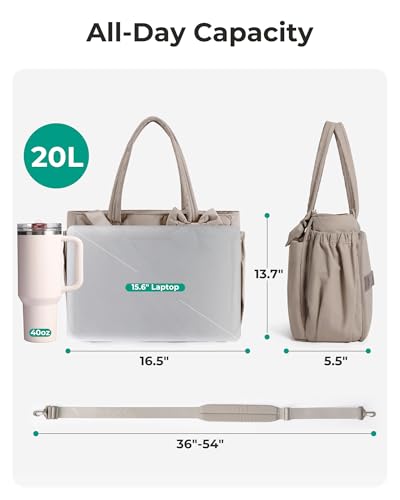 BAGSMART Crush Bow Tote Bag for Women, Puffer Travel Work Yoga Laptop Bag | Large Bow Tote Fits 40oz Tumbler, 15.6" Laptop, Yoga Mat Sleeve, Waterproof Pocket, Travel Work Swim Gym Mom Shoulder Handbag - color: Cocoa Brown, size: 20L-Large