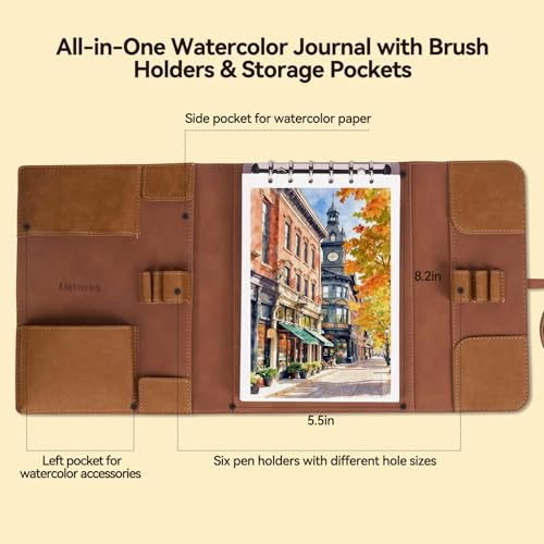 LIGHTWISH Watercolor Pad - A5 20 Sheets 100% Cotton 300GSM Cold Press Paper | Detachable with Backing Board | All-in-One Travel Watercolor Journal with Brush Holders & Storage Pockets - color: Brownish yellow