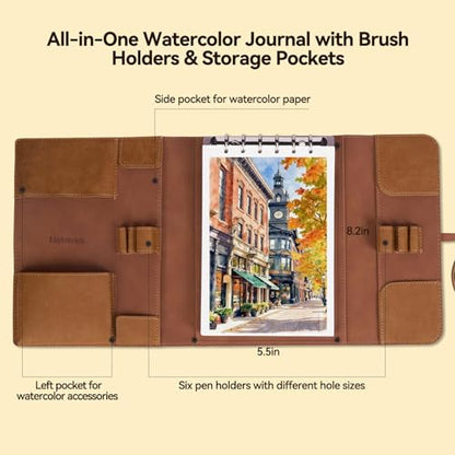 LIGHTWISH Watercolor Pad - A5 20 Sheets 100% Cotton 300GSM Cold Press Paper | Detachable with Backing Board | All-in-One Travel Watercolor Journal with Brush Holders & Storage Pockets - color: Brownish yellow