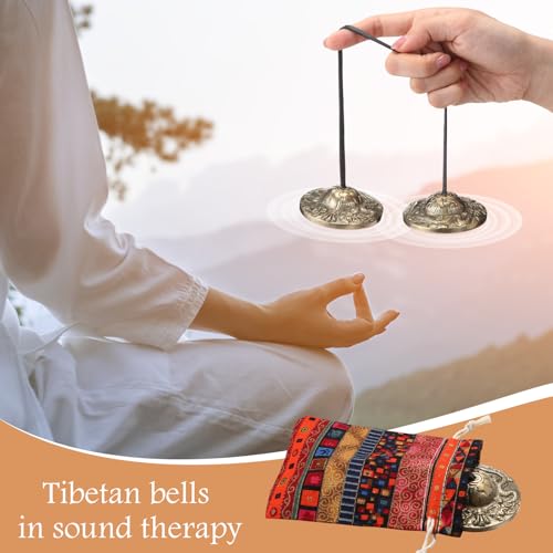 Foilswirl 2 Pcs Tibetan Tingsha Cymbals with 2 Pcs Tibetan Drawstring Cloth Bags Meditation Chime Bells 2.56 Inch Handcrafted Meditation Accessory (2 Dragons with Bell Embossed,Red,Green) - color: Red,Green, style: 2 Dragons with Bell Embossed