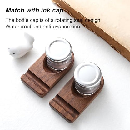 Wooden Calligraphy Brush Holder with Glass Inkwell Container, Set with Angled Tip Holder Base (Upgraded One Glass Ink) - style: Upgraded One Glass Ink