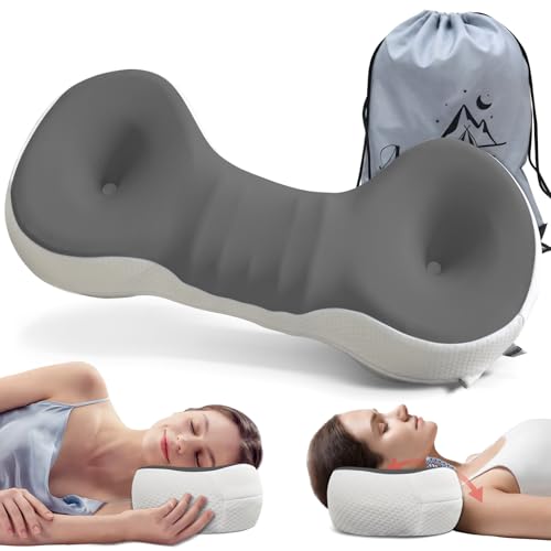 Cervical Neck Roll Pillow, Say Goodbye to Neck Pain, Travel Neck Support Pillow for Side Sleepers, Ergonomic Memory Foam Camping Pillow, Cervical Traction Device with Storage Bag - color: Grey & White