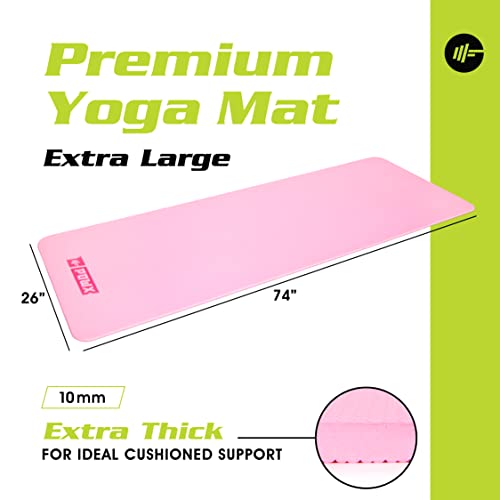 Extra Thick Yoga Mat for Women – TPE 10 mm-Thick Non-Slip Yoga Mat & Nylon Mat Strap – Men’s Fitness & Workout Mats for Home Gym – 26 x 74 In. Indoor-Outdoor Meditation & Exercise Mats by PowX (Pink)