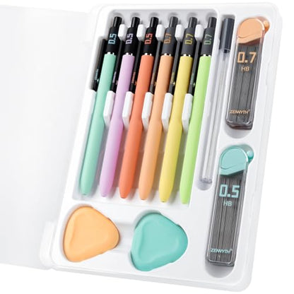 Solati Pastel Mechanical Pencil Set, 6 Pack with Case, 0.5mm & 0.7mm | Soft Grip, HB Lead Refills and Erasers Included, For Writing, Drawing, Sketching, Cute School Supplies