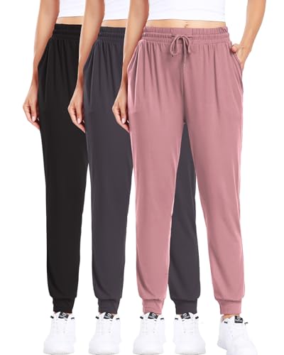 3Pack Joggers for women, Women sweatpants with pockets lounge casual pants - color: Black/Grey/Lt Purple, size: X-Large-XX-Large