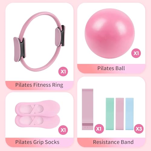 Pilates Essential Kit - Home Pilates Equipment Set - with Toning Pilates Ring & Long Resistance Bands & 3 Level Pilates Loop Bands & Soft Pilates Ball & Pilates Grip Socks - color: Green