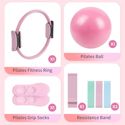 Pilates Essential Kit - Home Pilates Equipment Set - with Toning Pilates Ring & Long Resistance Bands & 3 Level Pilates Loop Bands & Soft Pilates Ball & Pilates Grip Socks - color: Pink