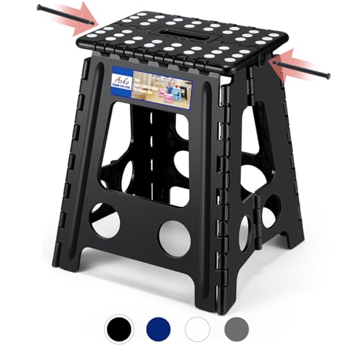 ACKO 16 Inch Folding Step Stool with Safety Lock, Holds 400 lbs, Black | Portable Foldable Stools with Handle, Heavy Duty Collapsible Non-Slip Foot Stool for Adults & Kids, Kitchen Bathroom Outdoor - color: Black, size: 16 Inch