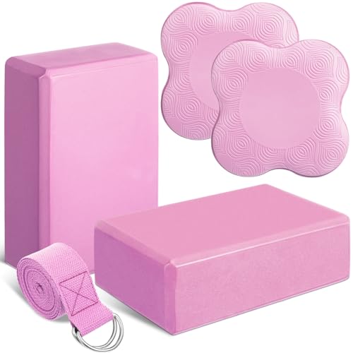 RoundFunny 5 Pcs Yoga Blocks Knee Pads Yoga Strap Set Soft Premium Foam Blocks Accessories for Pilates Meditation General Fitness Stability, Kneeling, Balance, Deepen Stretches and Toning - color: Pink