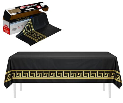 Neatiffy Disposable Plastic Table Cloth Roll with Slide Cutter | Waterproof Cover for Rectangle, Square, Oval Tables | Picnic, Party, Banquet, Weddings - Black with Gold Design - color: Black Golden Design, size: 54 inches X 100 feet