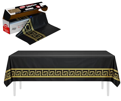 Neatiffy Disposable Plastic Table Cloth Roll with Slide Cutter | Waterproof Cover for Rectangle, Square, Oval Tables | Picnic, Party, Banquet, Weddings - Black with Gold Design - color: Black Golden Design, size: 54 inches X 100 feet
