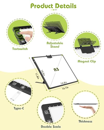 Gickbusus A3 Light Pad for Diamond Art, Rechargeable LED Board with Stand | Diamond Art Light Board with Clip, 6-Angle Stand, Dimmer, 14.8"×10.6" Work Area for Drawing & Sketching