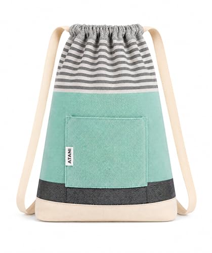 ATANI Turkish Beach Towel, Converts to a Bag, Oversized 100% Cotton Bath Towels Lightweight Quick-Dry Beach Blanket for Travel, Picnic, Camping, Yoga and Pool (Green x Black, 71 inc x 39 inc) - color: Green X Black, size: 71 inc x 39 inc