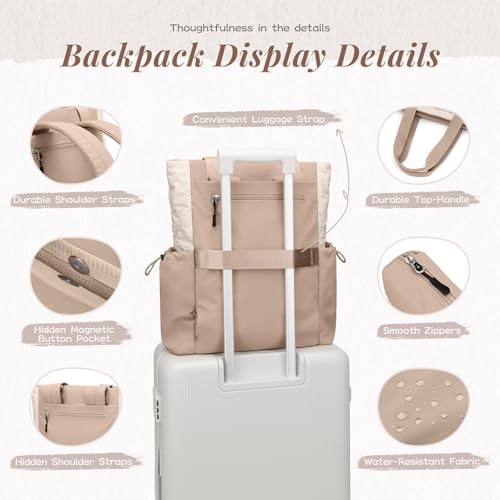 GOLF SUPAGS 3-in-1 Laptop Tote Backpack for Women 15.6" Quilted Work Gym Bag with Hidden Yoga Mat Carrier for Travel Leisure (Gravel Brown & Beige) - color: Gravel Brown & Beige