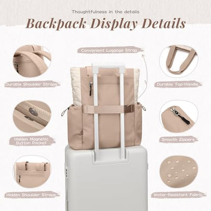 GOLF SUPAGS 3-in-1 Laptop Tote Backpack for Women 15.6" Quilted Work Gym Bag with Hidden Yoga Mat Carrier for Travel Leisure (Gravel Brown & Beige) - color: Gravel Brown & Beige