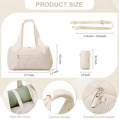 Gym Bag for Women, Yoga Mat Bag with Shoe Compartment and Wet Pocket, Sport Yoga Gym Bag with Yoga Strap, Carryall Yoga Tote Bag - color: Beige