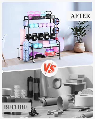 Mythinglogic Home Gym Storage Rack with Wheels for Dumbbells and Yoga Mats - color: New Black
