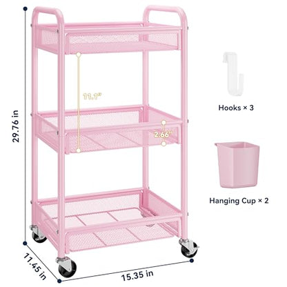 YASONIC 3 Tier Metal Rolling Cart, Pink Utility Storage Cart with Wheels - color: Pink, size: 3-tier