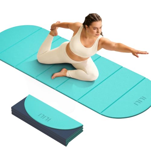 ILILI Foldable Yoga Mat-Semicircular, 10mm Thick, TPE Material, Extra Long 75"L x 26"W, Soft and Comfortable Folding Oval Mat 0.4 Inches, Easy to Carry and Store, 190*66cm Portable Multi-Functional Use for Yoga, Home Exercise & Outdoor - color: Lake Blue+