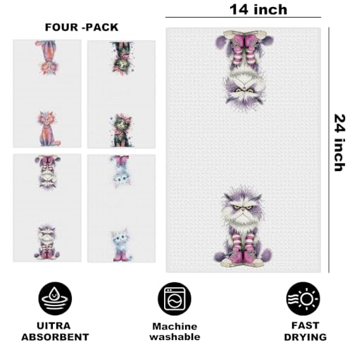 4 Pcs Funny Cat Kitchen Towels, Cute Cats Gifts Reusable Hand Towels-02 - color: Multi 1617
