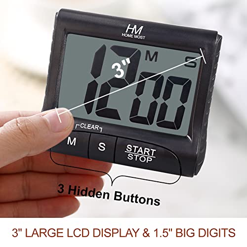 3" Large Display Kitchen Timer - Digital Timer Magnetic Back Loud Alarm On A Rope- Black Cooking Timers For Kitchen Teachers Students Games Kids Meetings -Sports Timers For Workouts Exercise - color: .Matte Black - Sleek Design - 3 Big No Show Function Bu