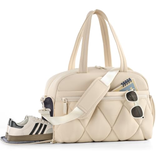 Women's Duffle Gym Bag, Carry-On Shoe Compartment for Weekender Overnight - color: Beige, size: Medium