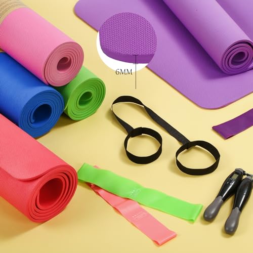 Hoolerry 36 Pieces Yoga Mats Sets Includes 12 Pcs Yoga Mats Bulk 68” x 24” x 6mm Thick Exercise Mat Non Slip 12 Resistance Bands 12 Carrying Straps for Women Girls for Gym Pilates - color: Bright Colors
