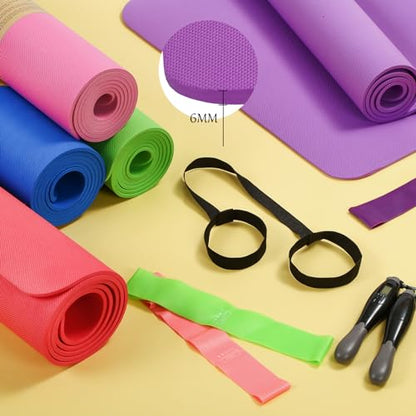 Hoolerry 36 Pieces Yoga Mats Sets Includes 12 Pcs Yoga Mats Bulk 68” x 24” x 6mm Thick Exercise Mat Non Slip 12 Resistance Bands 12 Carrying Straps for Women Girls for Gym Pilates - color: Bright Colors