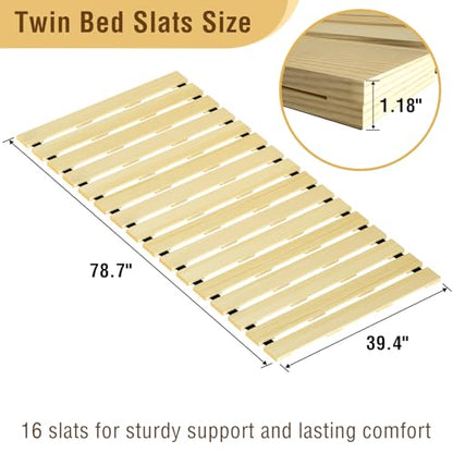 Japanese Tatami Mat Floor Bed, Knotless Solid Wood, Roll-Up Slatted, Bed Plate with 2 Storage Straps, Moisture-Proof and Breathable for Floor Sleeping or Futon Mattress, Twin - size: Twin