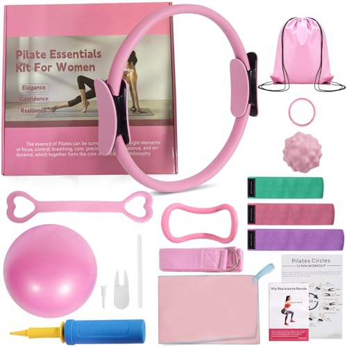 Pilates Ring Set with Resistance Bands– Anti-Slip Magic Circle Pilates Ring for Home Workouts, Full-Body Toning, Strength Training for Women 14PCS - color: Pink