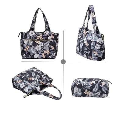 ESVAN Yoga Tote Bag Mat bag Women Shoulder Bags Carryall Tote for Travel Office Workout Gym Nurse Beach - color: Canvas Black Leaf