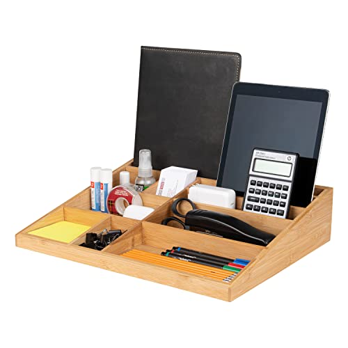 Theodore Bamboo Desk Organizer, 10 Compartment Desktop Organizer for Office Supplies, Mail, Pens and Notebooks, Wooden Countertop Organizer for Home Office Desk