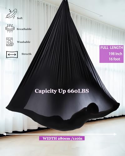 F.Life Aerial Silk Yoga Hammock & Swing for yoga Inversion,Strength training,starter hardware kit - color: black