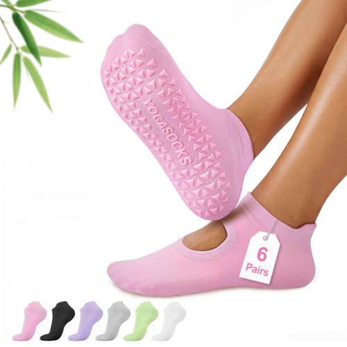 ALLIVE Pilates Socks with Grips for Women, Bamboo Breathable Non Slip Socks for Yoga, Barre, Studio, and Home Use - color: 6pairs Blackwhitegreypinkpurplegreen