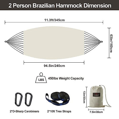 Brazilian Double Hammock with Tree Straps, Extra Large, 450 lbs Capacity - color: Natural White, size: X-Large
